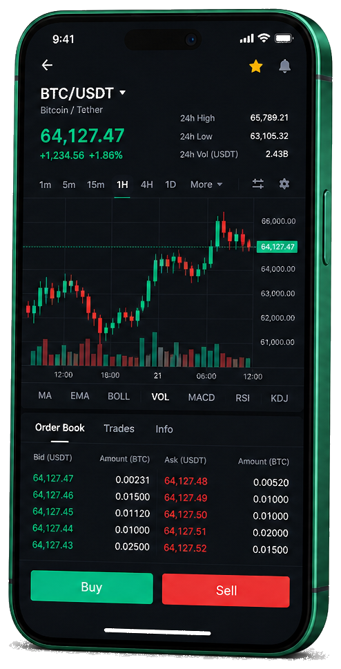 Mobiele handelsinterface van Tenardship — live BTC/USDT-grafiek met orderboek en functies voor kopen en verkopen